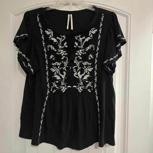ANTHROPOLOGY Embroidered Flutter Sleeve Tassel-Tie Knit Peasant Top - Picture 4 of 8